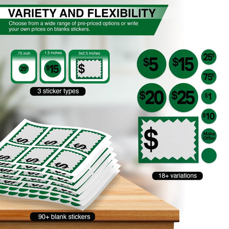 Perco Garage Price Stickers - 28 Sheets, 1100 Pre - Priced & Blank Stickers - Ideal for Yard Sales, Flea Markets, County Fairs & Retail Use - Store Supplies