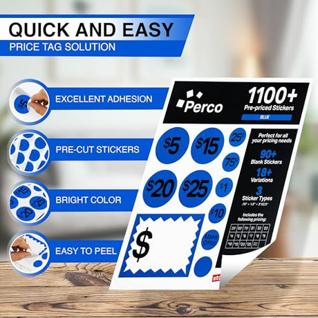 Perco Garage Price Stickers - 28 Sheets, 1100 Pre - Priced & Blank Stickers - Ideal for Yard Sales, Flea Markets, County Fairs & Retail Use - Store Supplies