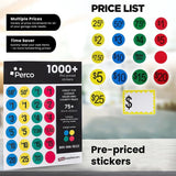 Perco Garage Price Stickers - 28 Sheets, 1100 Pre - Priced & Blank Stickers - Ideal for Yard Sales, Flea Markets, County Fairs & Retail Use - Store Supplies
