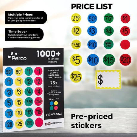 Perco Garage Price Stickers - 28 Sheets, 1100 Pre - Priced & Blank Stickers - Ideal for Yard Sales, Flea Markets, County Fairs & Retail Use - Store Supplies