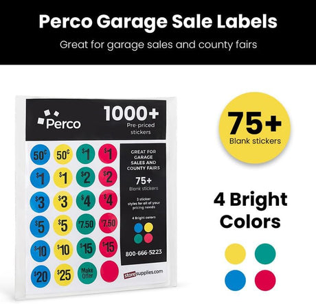 Perco Garage Price Stickers - 28 Sheets, 1100 Pre - Priced & Blank Stickers - Ideal for Yard Sales, Flea Markets, County Fairs & Retail Use - Store Supplies