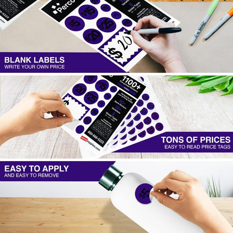 Perco Garage Price Stickers - 28 Sheets, 1100 Pre - Priced & Blank Stickers - Ideal for Yard Sales, Flea Markets, County Fairs & Retail Use - Store Supplies