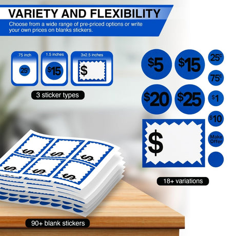 Perco Garage Price Stickers - 28 Sheets, 1100 Pre - Priced & Blank Stickers - Ideal for Yard Sales, Flea Markets, County Fairs & Retail Use - Store Supplies