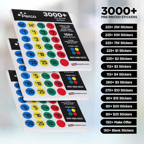 Perco Garage Price Stickers - 28 Sheets, 1100 Pre - Priced & Blank Stickers - Ideal for Yard Sales, Flea Markets, County Fairs & Retail Use - Store Supplies