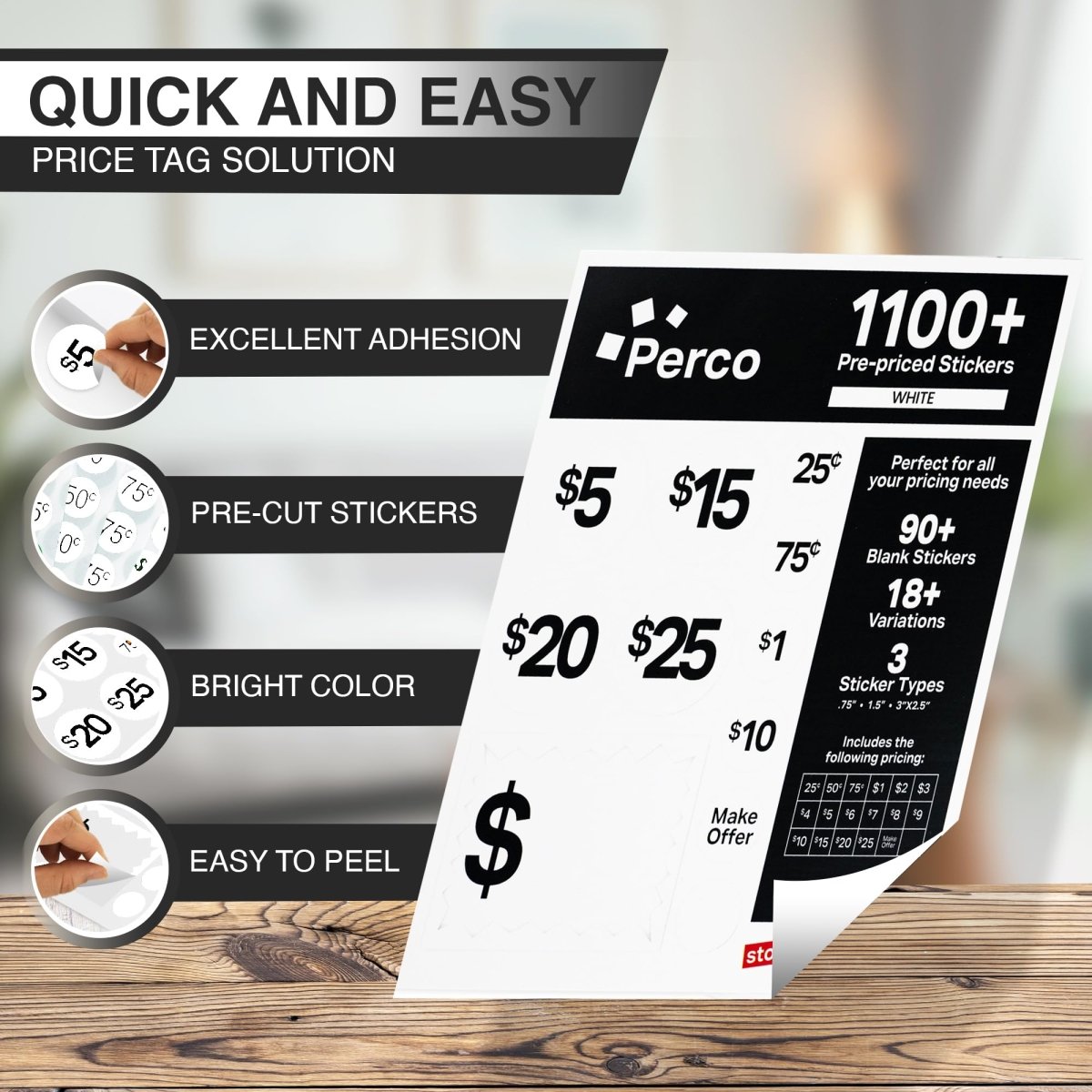 Perco Garage Price Stickers - 28 Sheets, 1100 Pre - Priced & Blank Stickers - Ideal for Yard Sales, Flea Markets, County Fairs & Retail Use - Store Supplies
