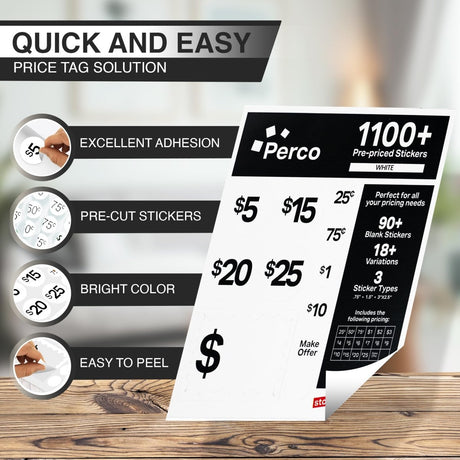 Perco Garage Price Stickers - 28 Sheets, 1100 Pre - Priced & Blank Stickers - Ideal for Yard Sales, Flea Markets, County Fairs & Retail Use - Store Supplies
