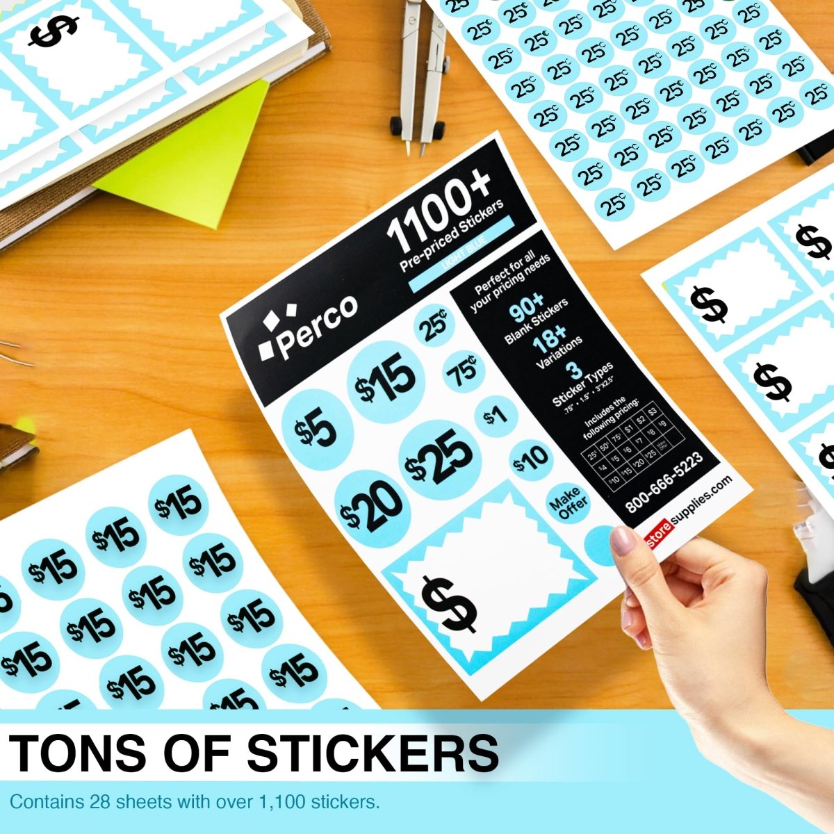 Perco Garage Price Stickers - 28 Sheets, 1100 Pre - Priced & Blank Stickers - Ideal for Yard Sales, Flea Markets, County Fairs & Retail Use - Store Supplies