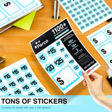 Perco Garage Price Stickers - 28 Sheets, 1100 Pre - Priced & Blank Stickers - Ideal for Yard Sales, Flea Markets, County Fairs & Retail Use - Store Supplies