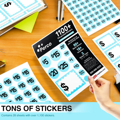 Perco Garage Price Stickers - 28 Sheets, 1100 Pre - Priced & Blank Stickers - Ideal for Yard Sales, Flea Markets, County Fairs & Retail Use - Store Supplies