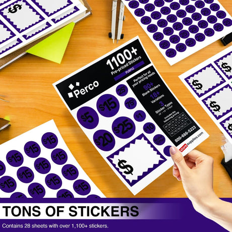 Perco Garage Price Stickers - 28 Sheets, 1100 Pre - Priced & Blank Stickers - Ideal for Yard Sales, Flea Markets, County Fairs & Retail Use - Store Supplies