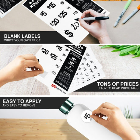 Perco Garage Price Stickers - 28 Sheets, 1100 Pre - Priced & Blank Stickers - Ideal for Yard Sales, Flea Markets, County Fairs & Retail Use - Store Supplies