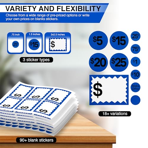 Perco Garage Price Stickers - 28 Sheets, 1100 Pre - Priced & Blank Stickers - Ideal for Yard Sales, Flea Markets, County Fairs & Retail Use - Store Supplies