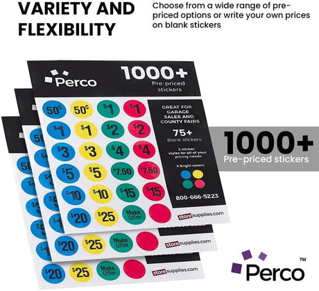 Perco Garage Price Stickers - 28 Sheets, 1100 Pre - Priced & Blank Stickers - Ideal for Yard Sales, Flea Markets, County Fairs & Retail Use - Store Supplies