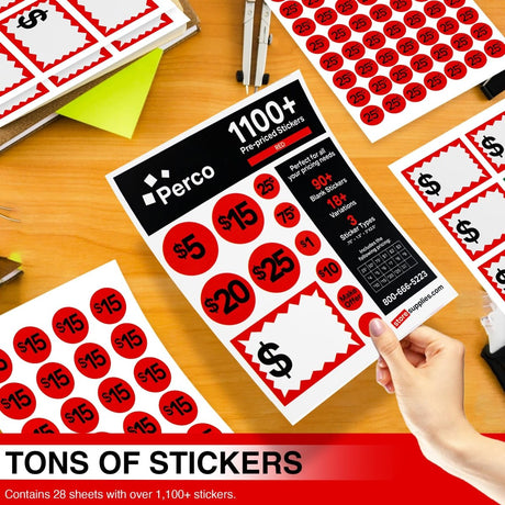 Perco Garage Price Stickers - 28 Sheets, 1100 Pre - Priced & Blank Stickers - Ideal for Yard Sales, Flea Markets, County Fairs & Retail Use - Store Supplies