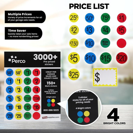 Perco Garage Price Stickers - 28 Sheets, 1100 Pre - Priced & Blank Stickers - Ideal for Yard Sales, Flea Markets, County Fairs & Retail Use - Store Supplies
