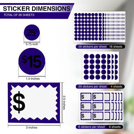 Perco Garage Price Stickers - 28 Sheets, 1100 Pre - Priced & Blank Stickers - Ideal for Yard Sales, Flea Markets, County Fairs & Retail Use - Store Supplies