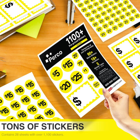 Perco Garage Price Stickers - 28 Sheets, 1100 Pre - Priced & Blank Stickers - Ideal for Yard Sales, Flea Markets, County Fairs & Retail Use - Store Supplies