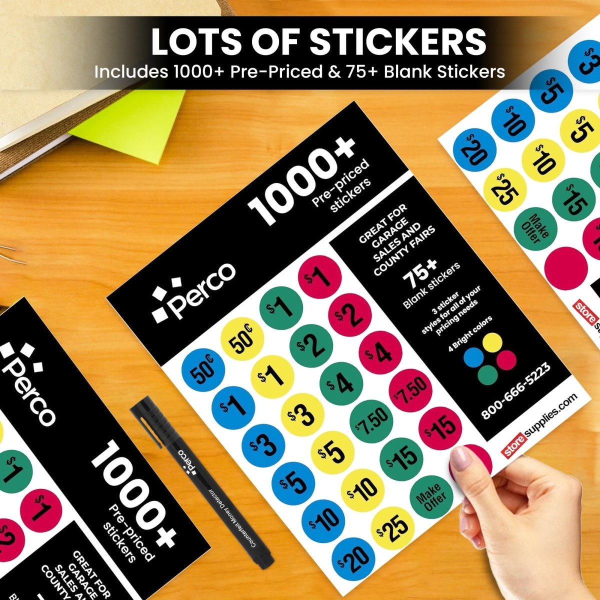 Perco Garage Sale Price Stickers with Counterfeit Money Detector Pens Kit - Store Supplies