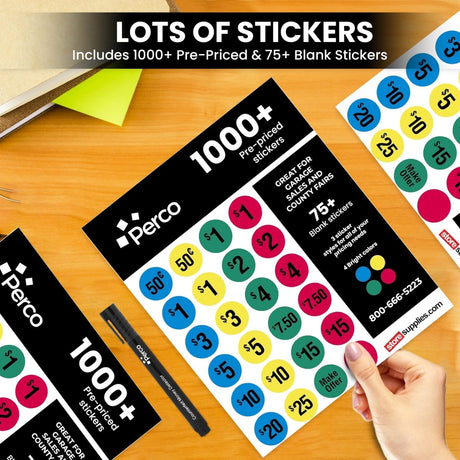 Perco Garage Sale Price Stickers with Counterfeit Money Detector Pens Kit - Store Supplies