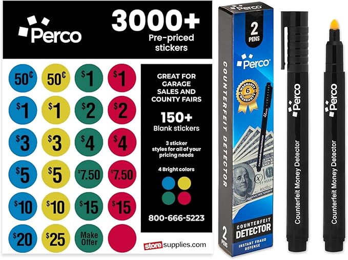 Perco Garage Sale Price Stickers with Counterfeit Money Detector Pens Kit - Store Supplies