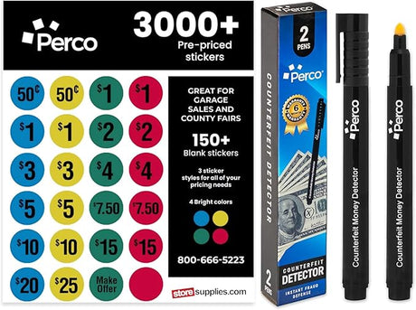 Perco Garage Sale Price Stickers with Counterfeit Money Detector Pens Kit - Store Supplies