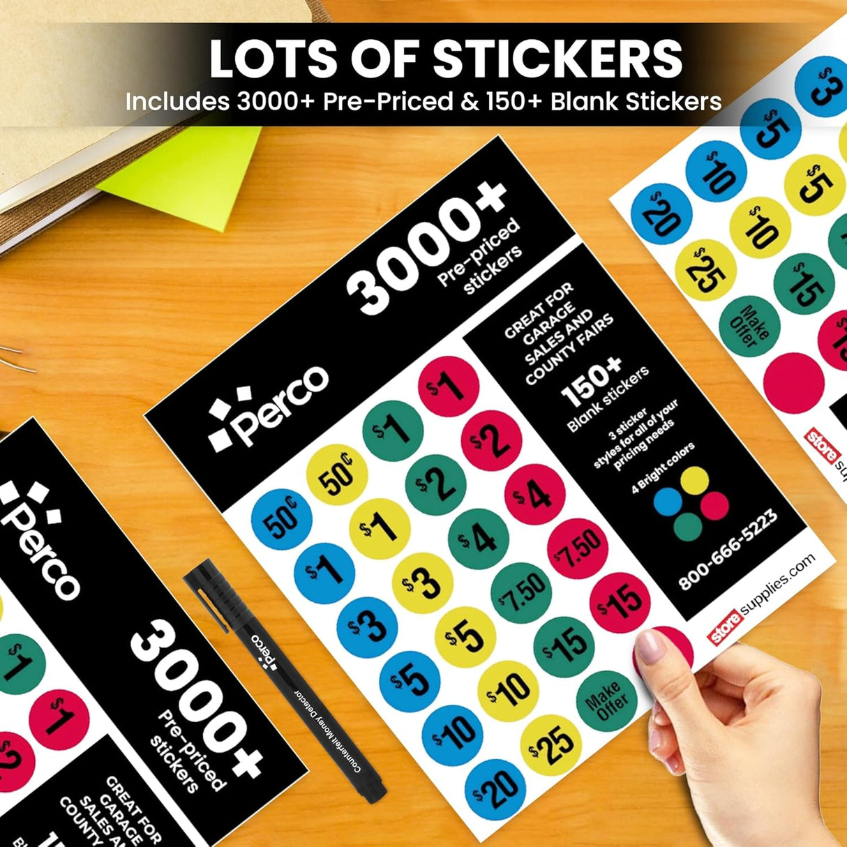 Perco Garage Sale Price Stickers with Counterfeit Money Detector Pens Kit - Store Supplies