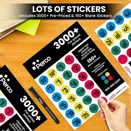 Perco Garage Sale Price Stickers with Counterfeit Money Detector Pens Kit - Store Supplies