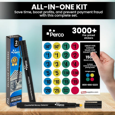 Perco Garage Sale Price Stickers with Counterfeit Money Detector Pens Kit - Store Supplies