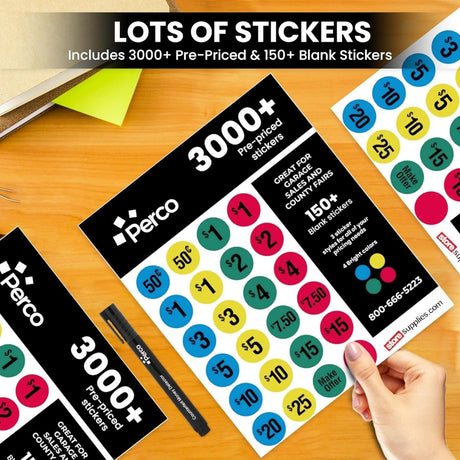 Perco Garage Sale Price Stickers with Counterfeit Money Detector Pens Kit - Store Supplies