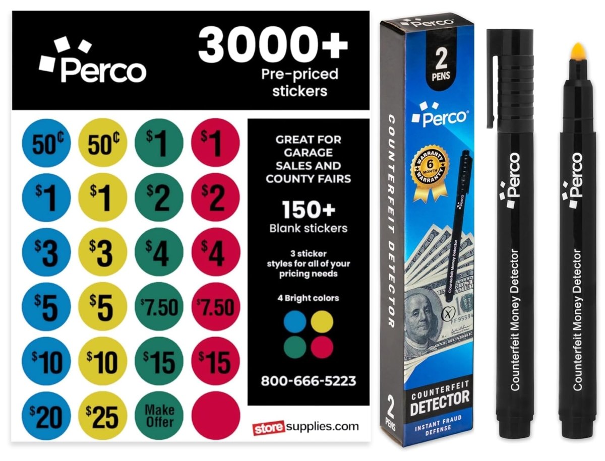 Perco Garage Sale Price Stickers with Counterfeit Money Detector Pens Kit - Store Supplies