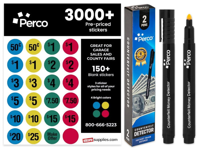 Perco Garage Sale Price Stickers with Counterfeit Money Detector Pens Kit - Store Supplies