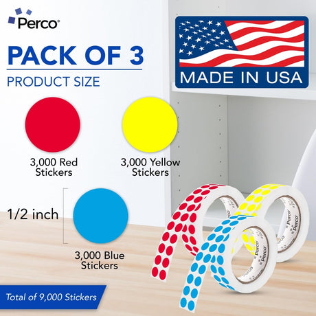 Perco Perforated Circle Dot Sticker Labels — Pack of Multicolored Rolls — with Permanent Adhesive for Calendars, Color Coding, Crafting, Garage Sales, Organizing, Displays, and More — Made in USA - 0.5 Inch 3 Rolls