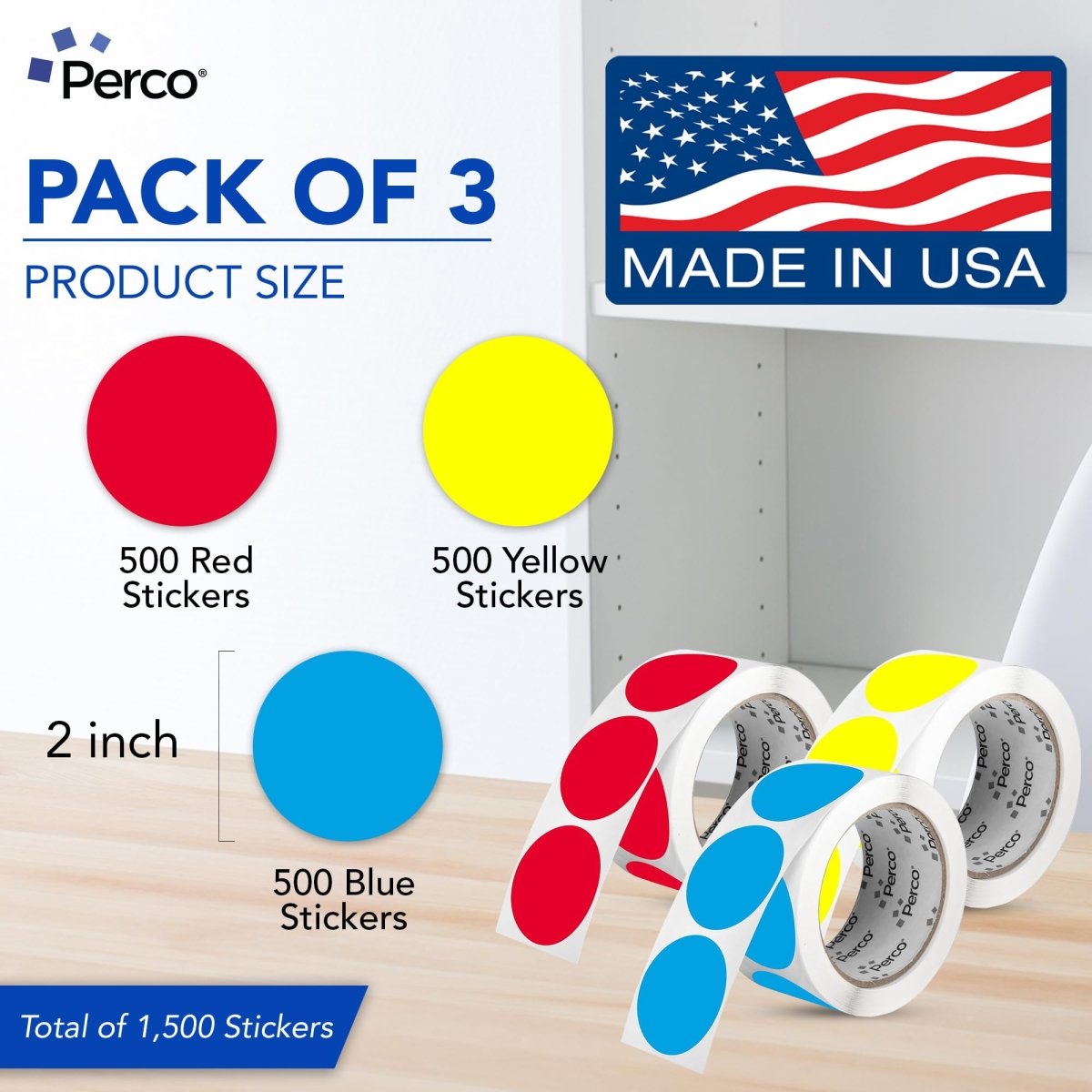 Perco Perforated Circle Dot Sticker Labels — Pack of Multicolored Rolls — with Permanent Adhesive for Calendars, Color Coding, Crafting, Garage Sales, Organizing, Displays, and More — Made in USA - 2 Inch 3 Rolls