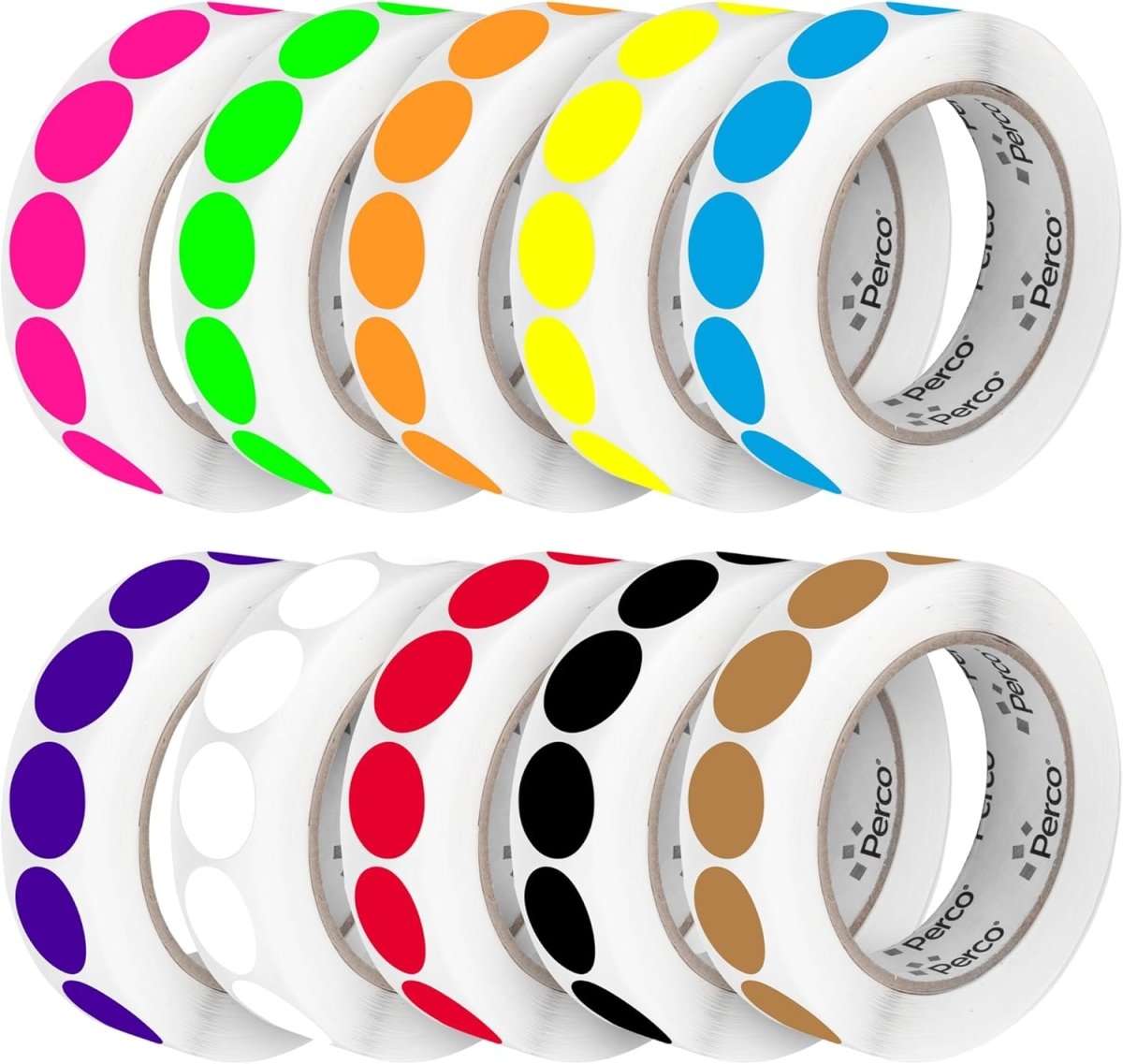 Perco Perforated Circle Dot Sticker Labels — Pack of Multicolored Rolls — with Permanent Adhesive for Calendars, Color Coding, Crafting, Garage Sales, Organizing, Displays, and More — Made in USA - 1 Inch 10 Rolls