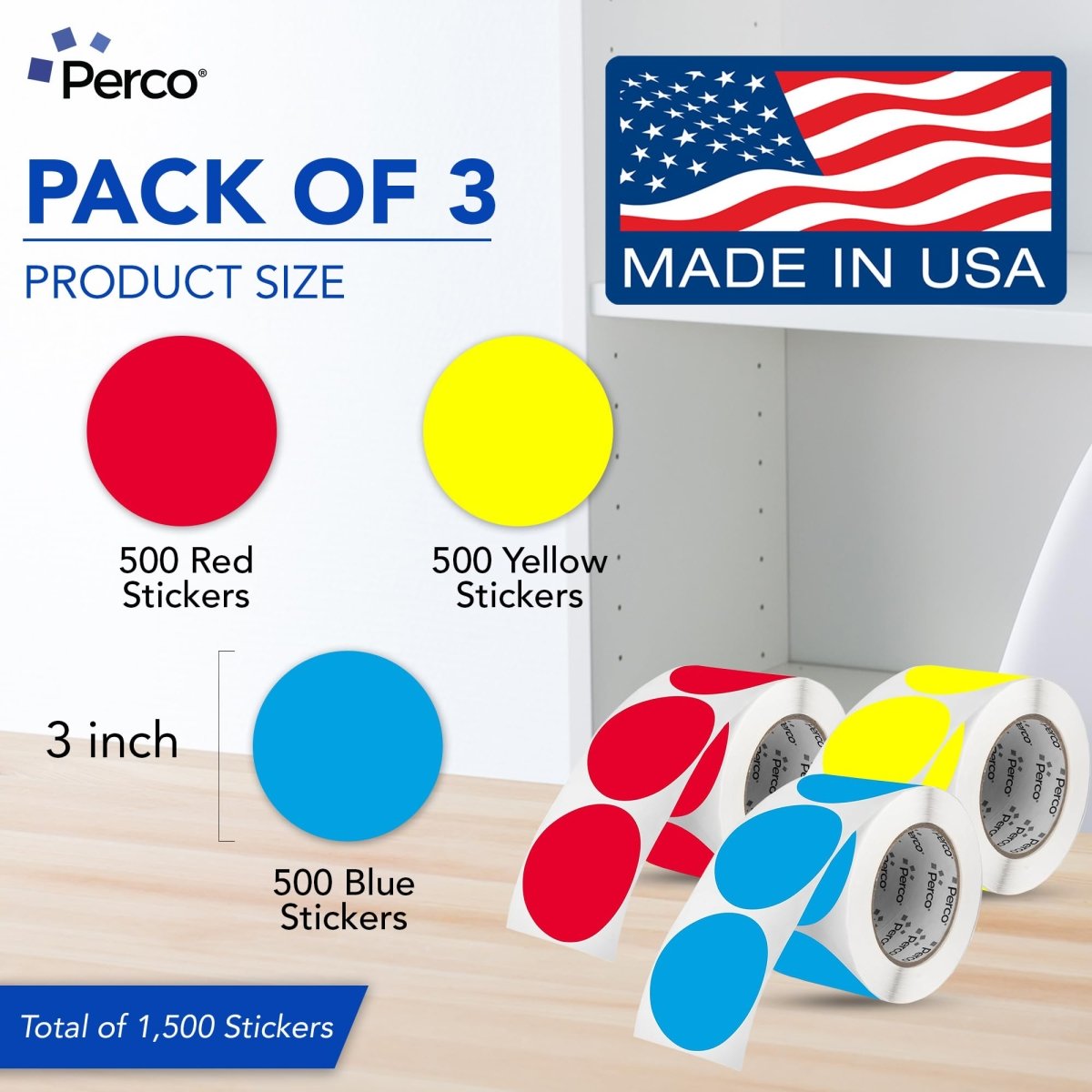 Perco Perforated Circle Dot Sticker Labels — Pack of Multicolored Rolls — with Permanent Adhesive for Calendars, Color Coding, Crafting, Garage Sales, Organizing, Displays, and More — Made in USA - 3 Inch 3 Rolls
