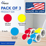 Perco Perforated Circle Dot Sticker Labels — Pack of Multicolored Rolls — with Permanent Adhesive for Calendars, Color Coding, Crafting, Garage Sales, Organizing, Displays, and More — Made in USA - 3 Inch 3 Rolls