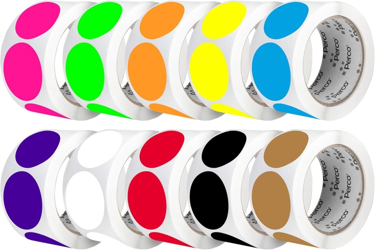 Perco Perforated Circle Dot Sticker Labels — Pack of Multicolored Rolls — with Permanent Adhesive for Calendars, Color Coding, Crafting, Garage Sales, Organizing, Displays, and More — Made in USA - 2 Inch 10 Rolls