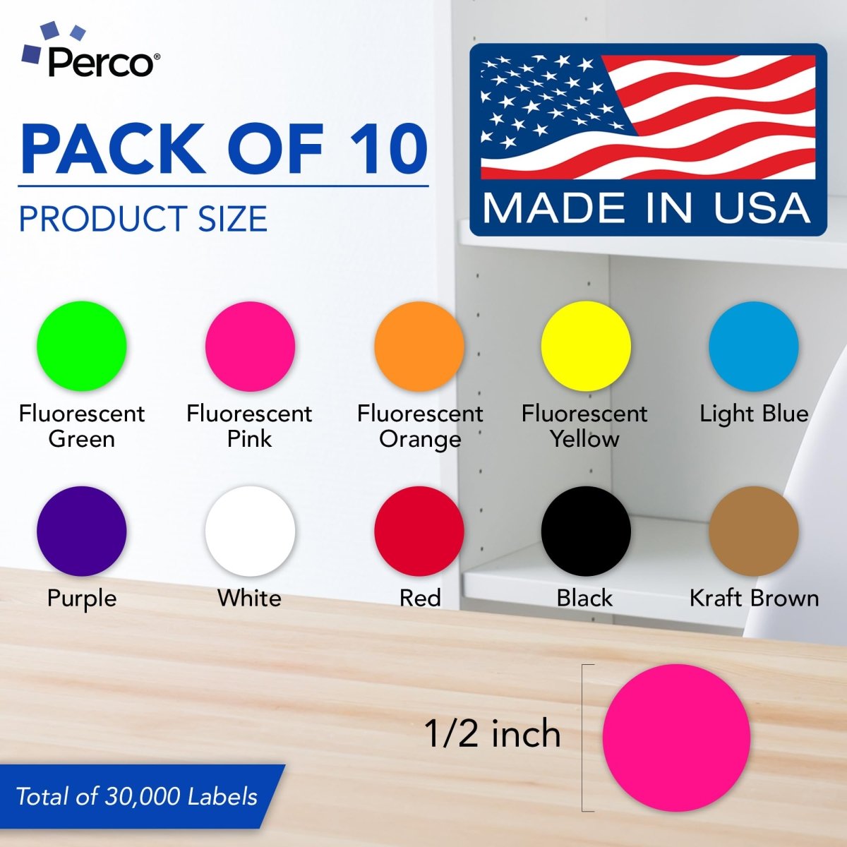 Perco Perforated Circle Dot Sticker Labels — Pack of Multicolored Rolls — with Permanent Adhesive for Calendars, Color Coding, Crafting, Garage Sales, Organizing, Displays, and More — Made in USA - 0.5 Inch 10 Rolls
