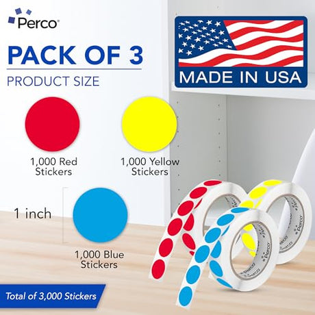 Perco Perforated Circle Dot Sticker Labels — Pack of Multicolored Rolls — with Permanent Adhesive for Calendars, Color Coding, Crafting, Garage Sales, Organizing, Displays, and More — Made in USA - 1 Inch 3 Rolls