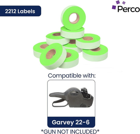 Perco Price Labels for Garvey 22-6 / 22-7 / 22-8 - Fluorescent Green 4 Sleeves / 36 Rolls / 44000 Blank Pricing Labels