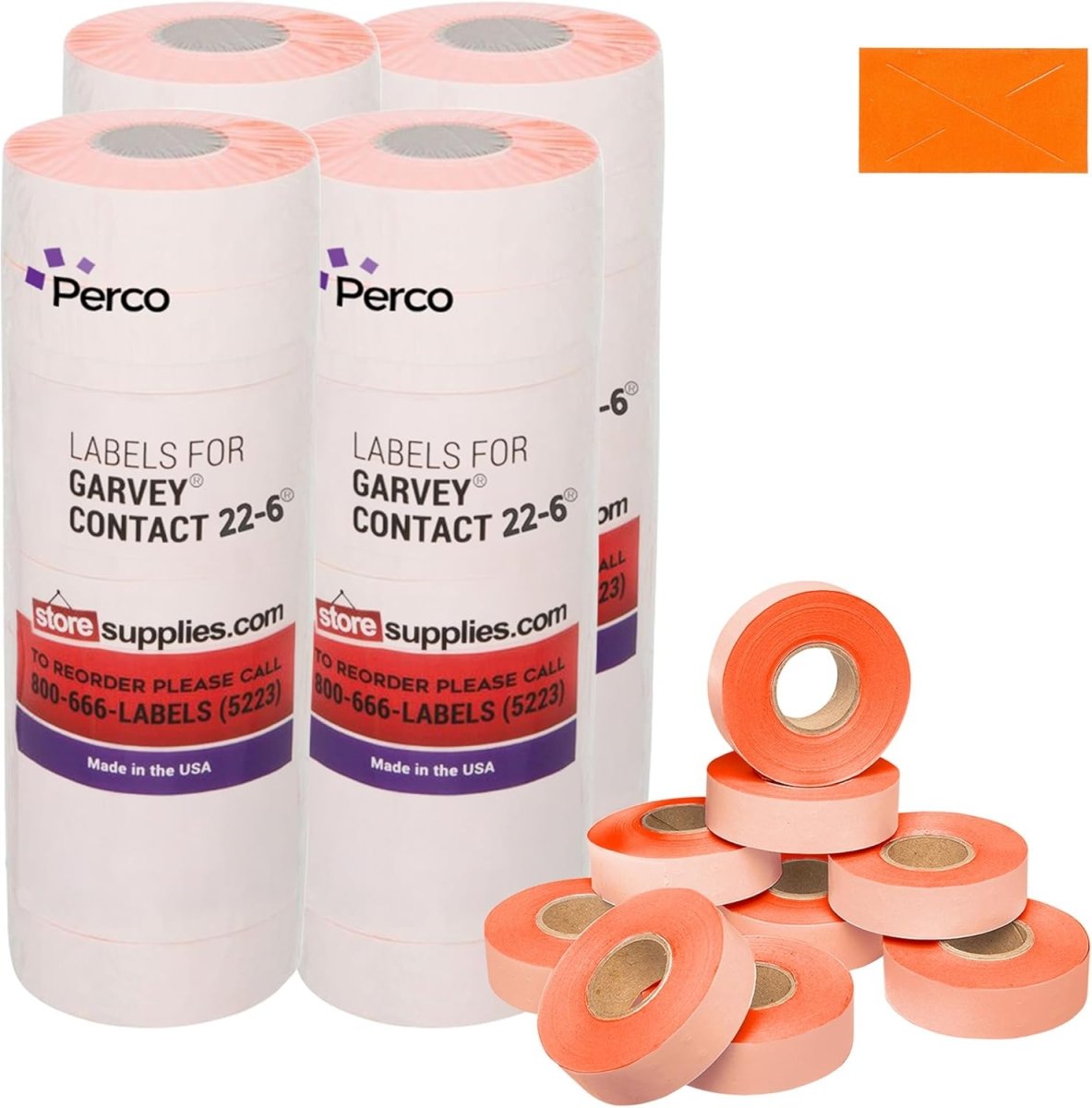 Perco Price Labels for Garvey 22-6 / 22-7 / 22-8 - Fluorescent Red 4 Sleeves / 36 Rolls / 44000 Blank Pricing Labels