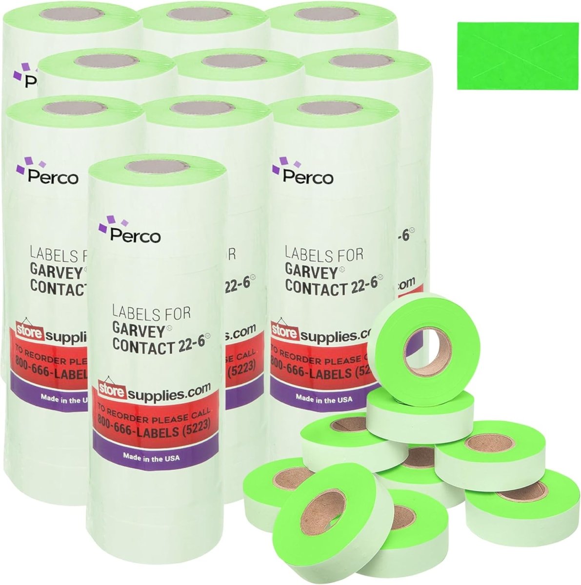 Perco Price Labels for Garvey 22-6 / 22-7 / 22-8 - Fluorescent Green 10 Sleeves / 90 Rolls / 110000 Blank Pricing Labels