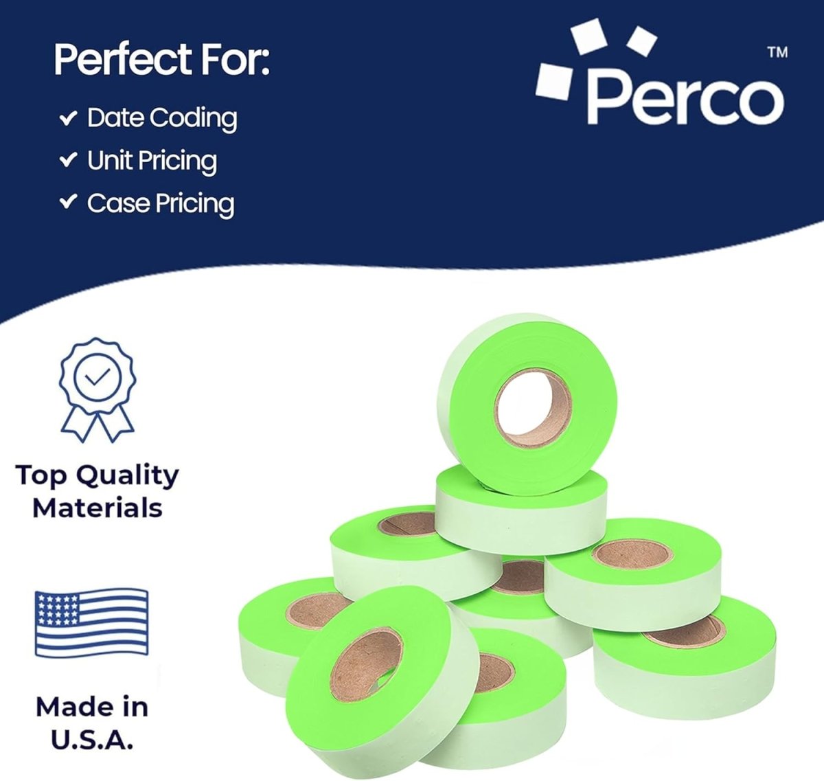 Perco Price Labels for Garvey 22-6 / 22-7 / 22-8 - Fluorescent Green 10 Sleeves / 90 Rolls / 110000 Blank Pricing Labels