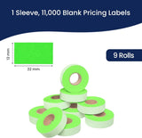 Perco Price Labels for Garvey 22-6 / 22-7 / 22-8 - Fluorescent Green 1 Sleeve / 9 Rolls / 11000 Blank Pricing Labels