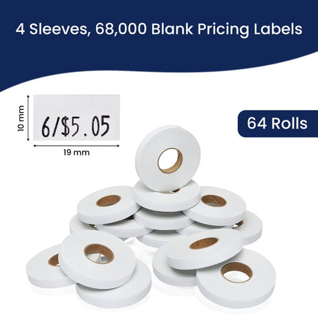Perco Price Labels for Monarch 1110 - White 4 Sleeves / 64 Rolls / 68000 Blank Pricing Labels