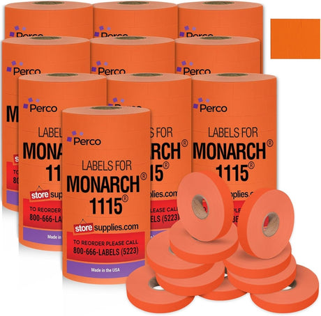 Perco Price Labels for Monarch 1115 - Fluorescent Red Case of 10 Sleeves / 100 Rolls / 150000 Blank Pricing Labels