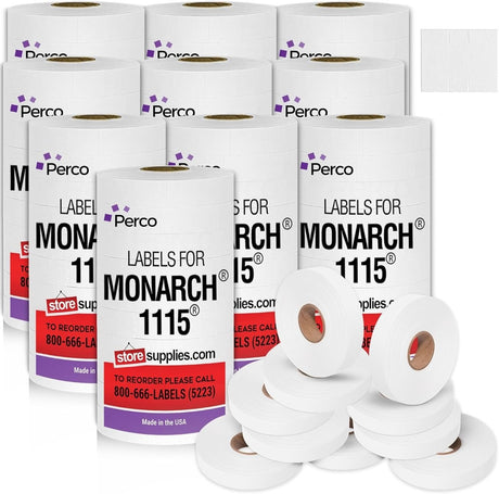 Perco Price Labels for Monarch 1115 - White Case of 10 Sleeves / 100 Rolls / 150000 Blank Pricing Labels