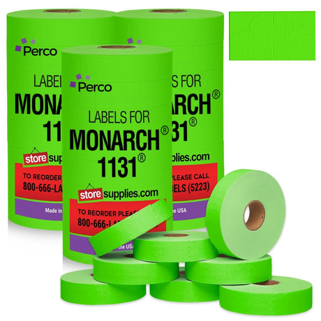 Perco Pricing Labeler Labels For Monarch 1131 - Fluorescent Green 3 Sleeves / 24 Rolls / 60000 Blank Pricing Labels