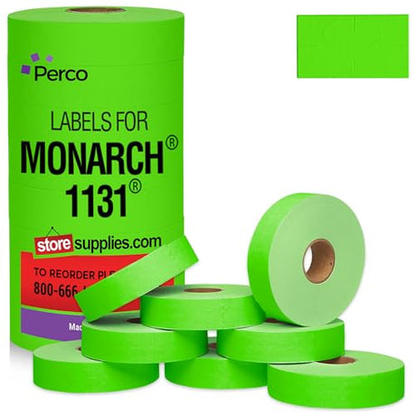 Perco Pricing Labeler Labels For Monarch 1131 - Fluorescent Green 1 Sleeve / 8 Rolls / 20000 Blank Pricing Labels
