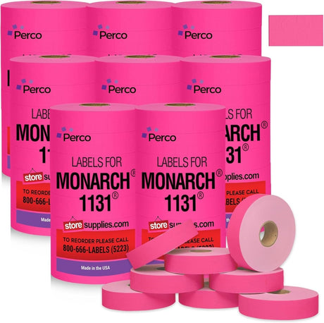 Perco Pricing Labeler Labels For Monarch 1131 - Fluorescent Pink Case of 8 Sleeves / 64 Rolls / 160000 Blank Pricing Labels